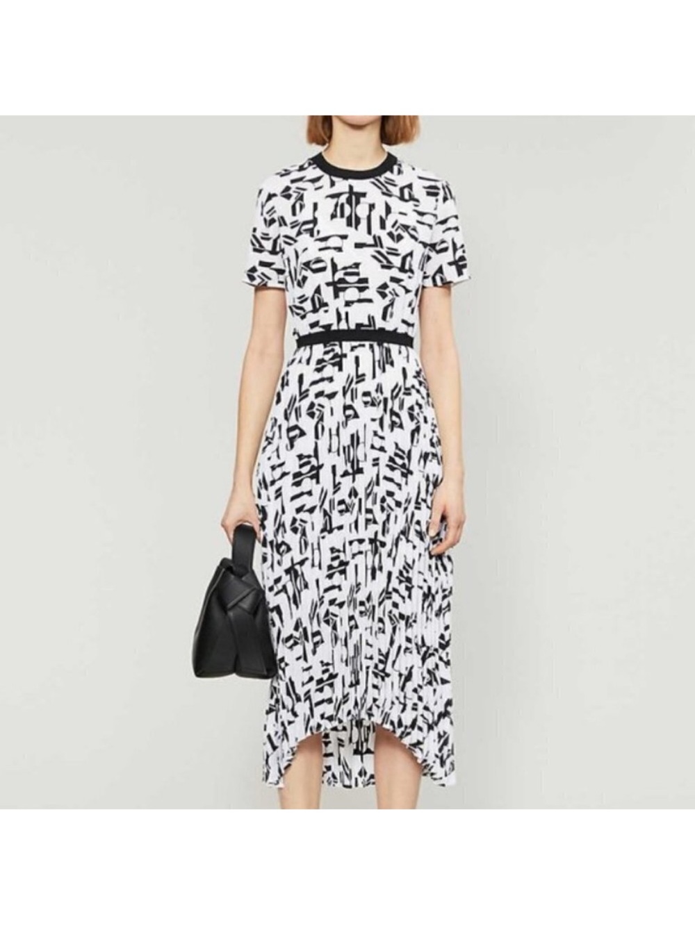 Maje Rosyla Black White Abstract Print Crewneck Pleated Crepe Dress, 38, M